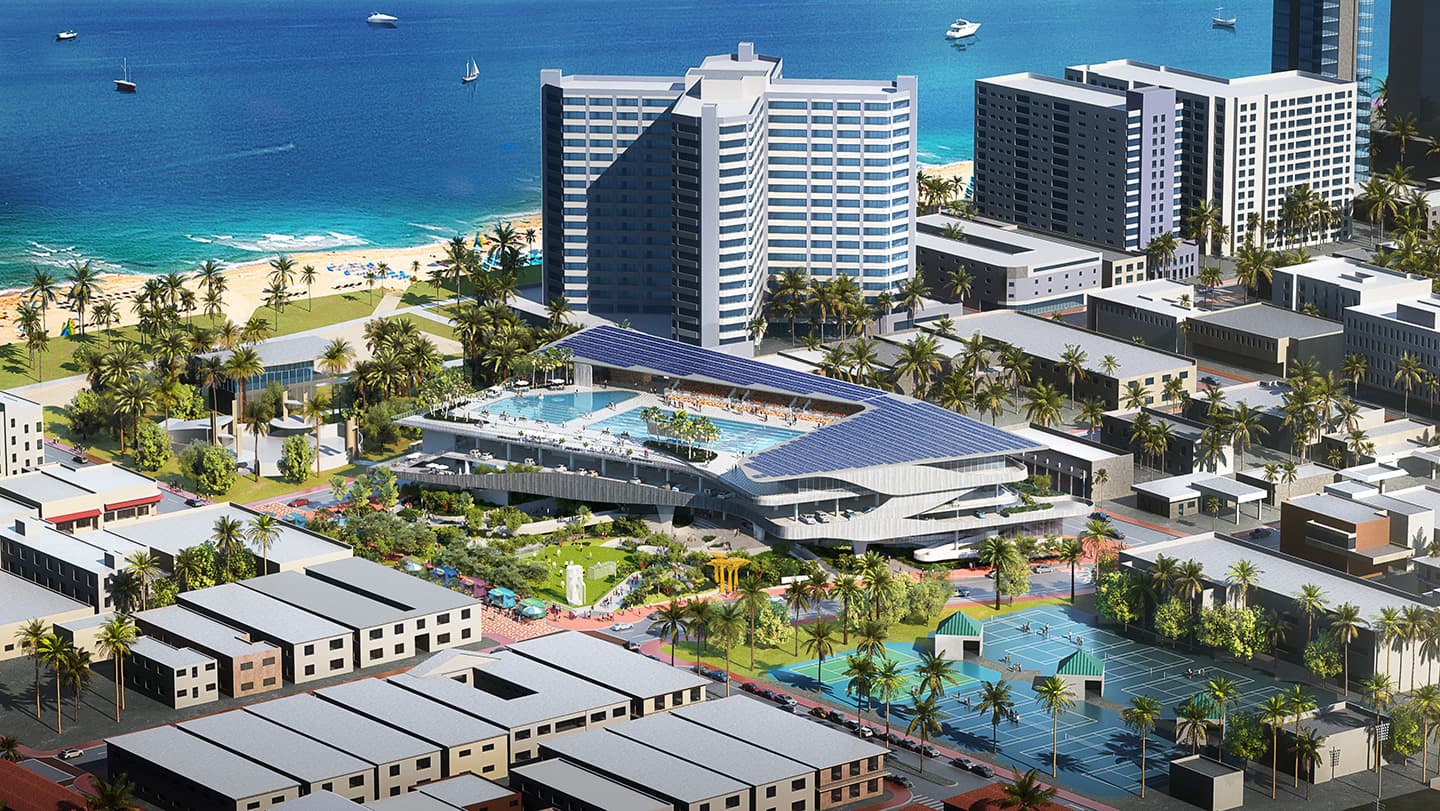 Render del futuro Miami Beach Aquatic Center and Park, en desarrollo sobre la calle 72